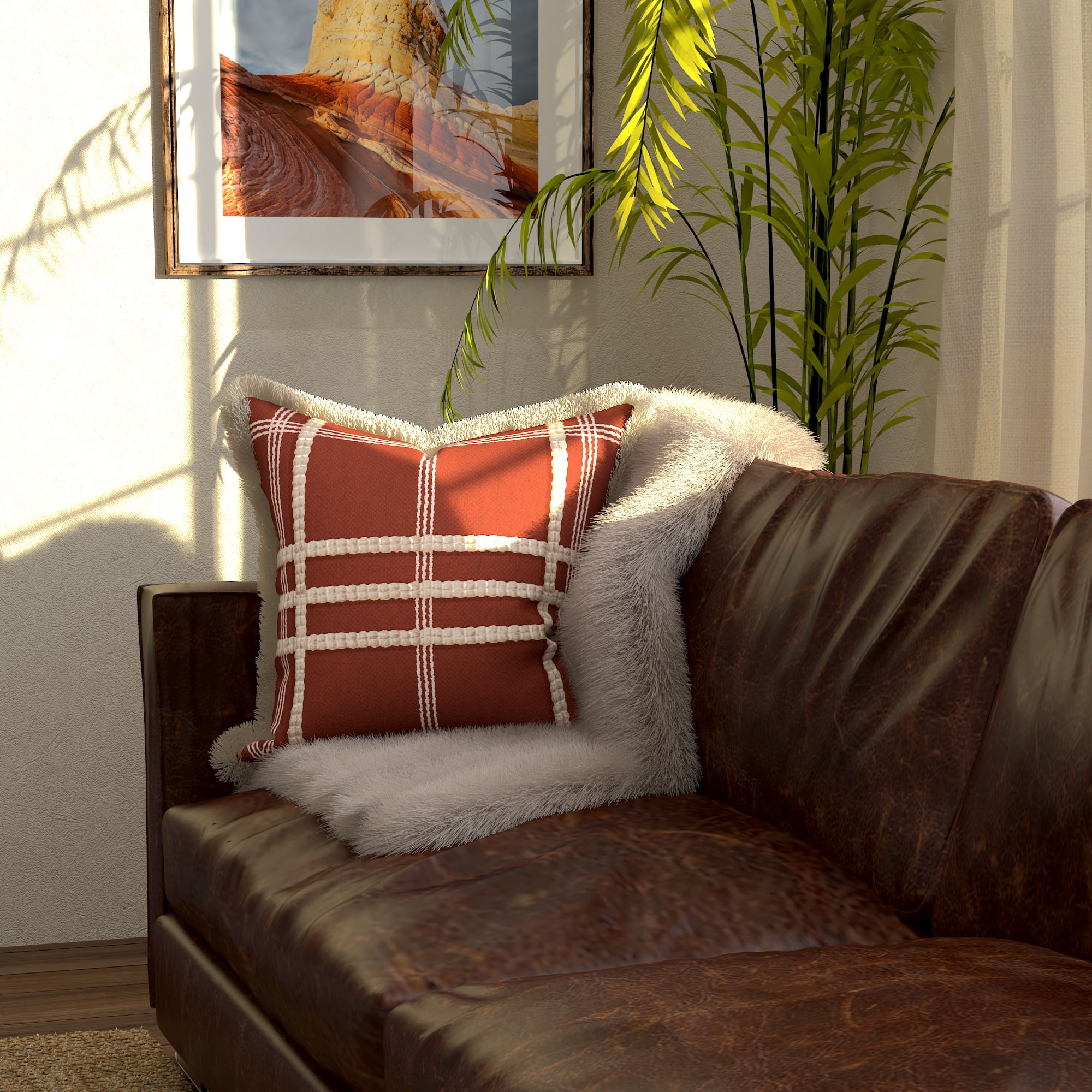 Decorative Throw Pillow Cover, 20” x 20”, Red and Ivory, Printed Textural Plaid in Red and Ivory on Faux Linen Creating a Comfortable and Stylish Update to any Living Room, Bed, and Sofa