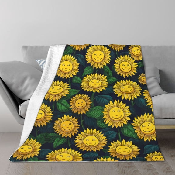 Sunflower Blanket Artistic Happy Sunflower Doodle, Decorative Cozy Flannel Throw For Sofa, Unique Botanical Home Decor 50x40