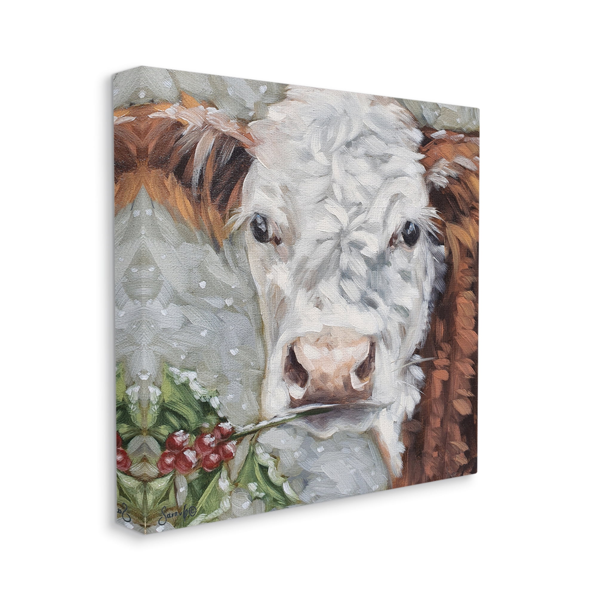Stupell Snowy Winter Cow Holly Berries Animals & Insects Painting Gallery Wrapped Canvas Print Wall Art