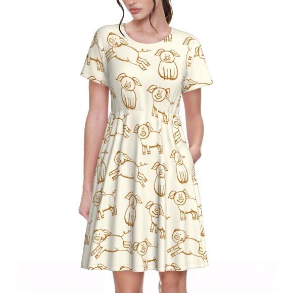 Vsdgher Cochons Amusants pour Femmes Été 2025 Robes Midi Maxi Décontractées Légères Manches Courtes Col Rond Robe de Plage