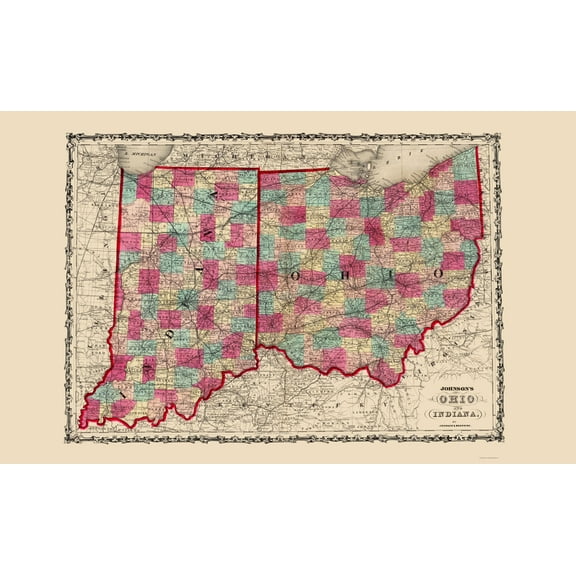 Historic State Map - Ohio Indiana - Johnson 1860 - 23 x 37.44 - Vintage Wall Art
