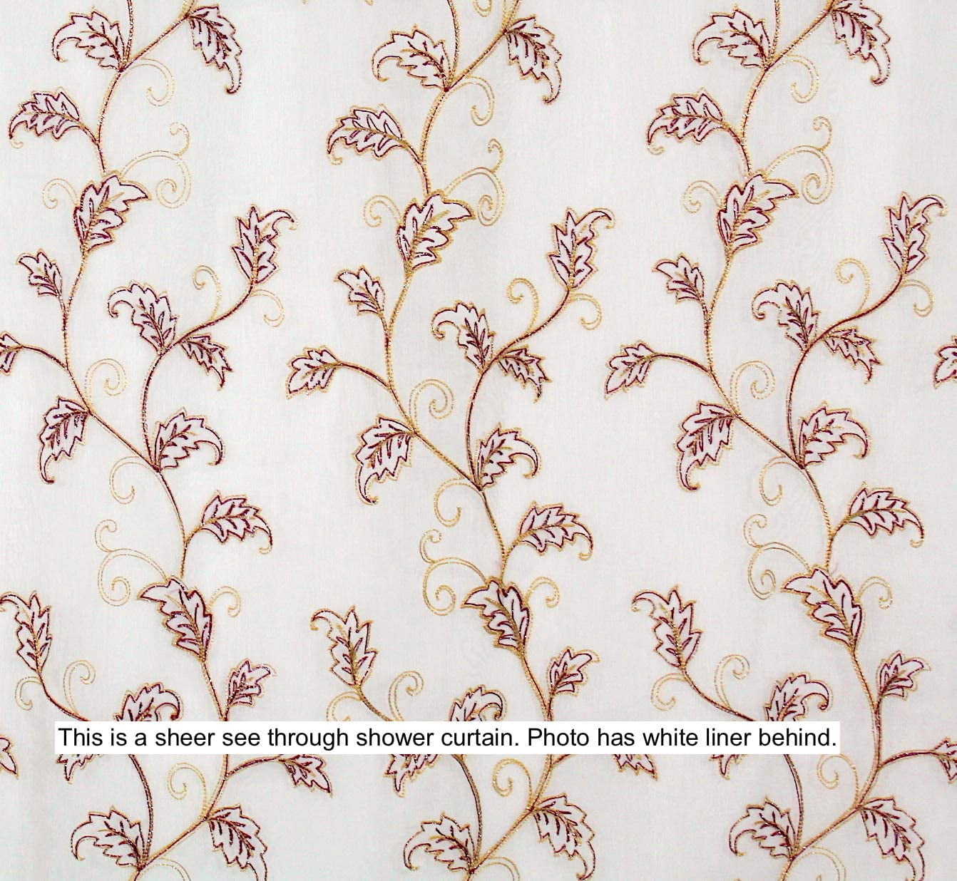 Serafina Home Decorative Sheer Fabric Shower Curtain: Two Toned Burgundy Red and Gold Embroidered Leaves with Metallic Threading