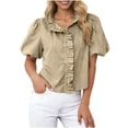 thumbnail image 4 of Craaazy Women Short Sleeve Tops Relaxed Fit Stripe Ruffle Neckline Puff Sleeve T-Shirts Casual Soft for Going Out Summer Vacation, 4 of 8