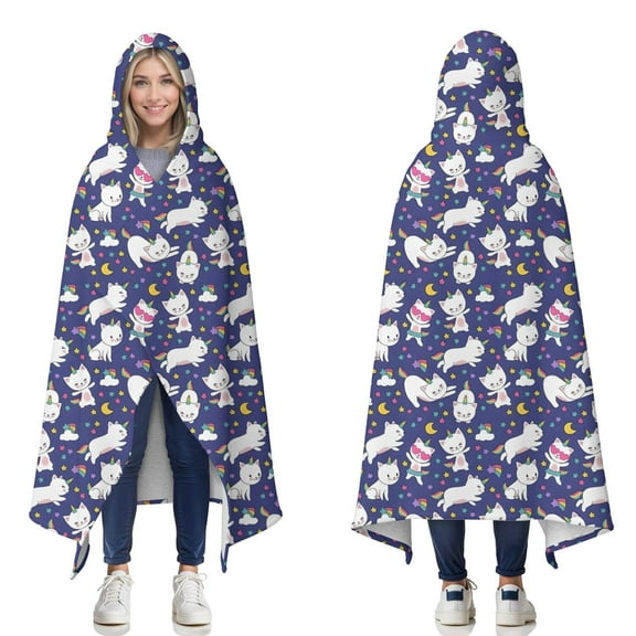 Wearable Blanket,Dark Blue Cartoon Cat Unicorn Pattern Hooded Wearable Sherpa Blanket for Adults & Teens,Winter Poncho Shawl Wrap Cape Thick Warm,50"x60"