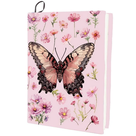 1pc Butterfly Flower Stretchable Book Cover Washable Pink Reusable Nylon Cloth Elastic Covers Protector 9.4x15.7 Inch for Hardcover Paperbacks Book Lovers Gift Notebook Teacher Textbook