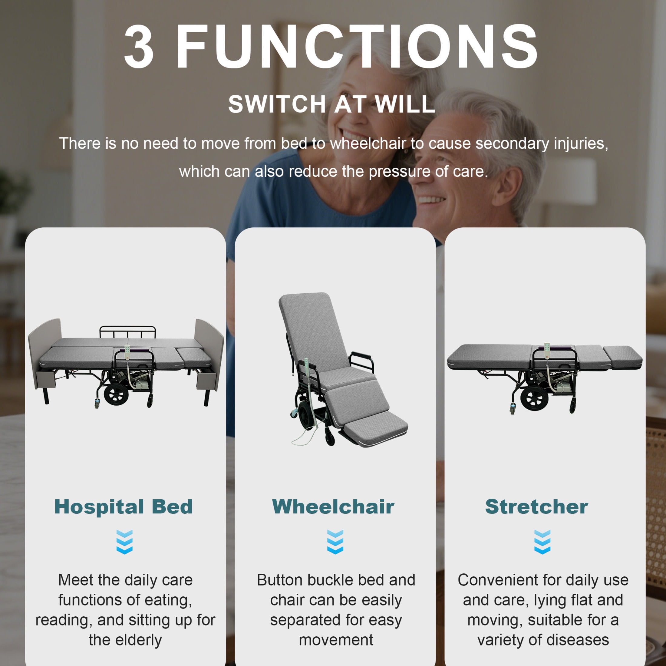 Noble House 3-in-1 Electric Nursing Bed, Adjustable Care Bed Converts to Wheelchair & Stretcher, Gray