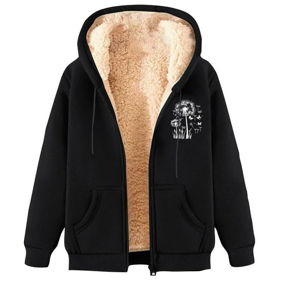 FNFYFH Womens Sherpa-Lined Fleece Jacket Hooded Printing Winter Fleece Sweatshirt Warm Fuzzy Zip Up Warm Fleece Sherpa Lined Hoodies