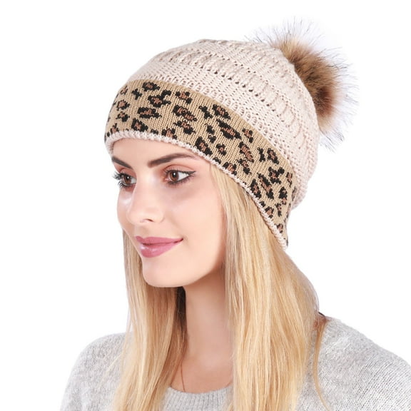 Hats for Women Cable Knit Pompom Warm Leopard Print Cap Stretchy Casual Soft Comfortable Trendy Beanie Hat