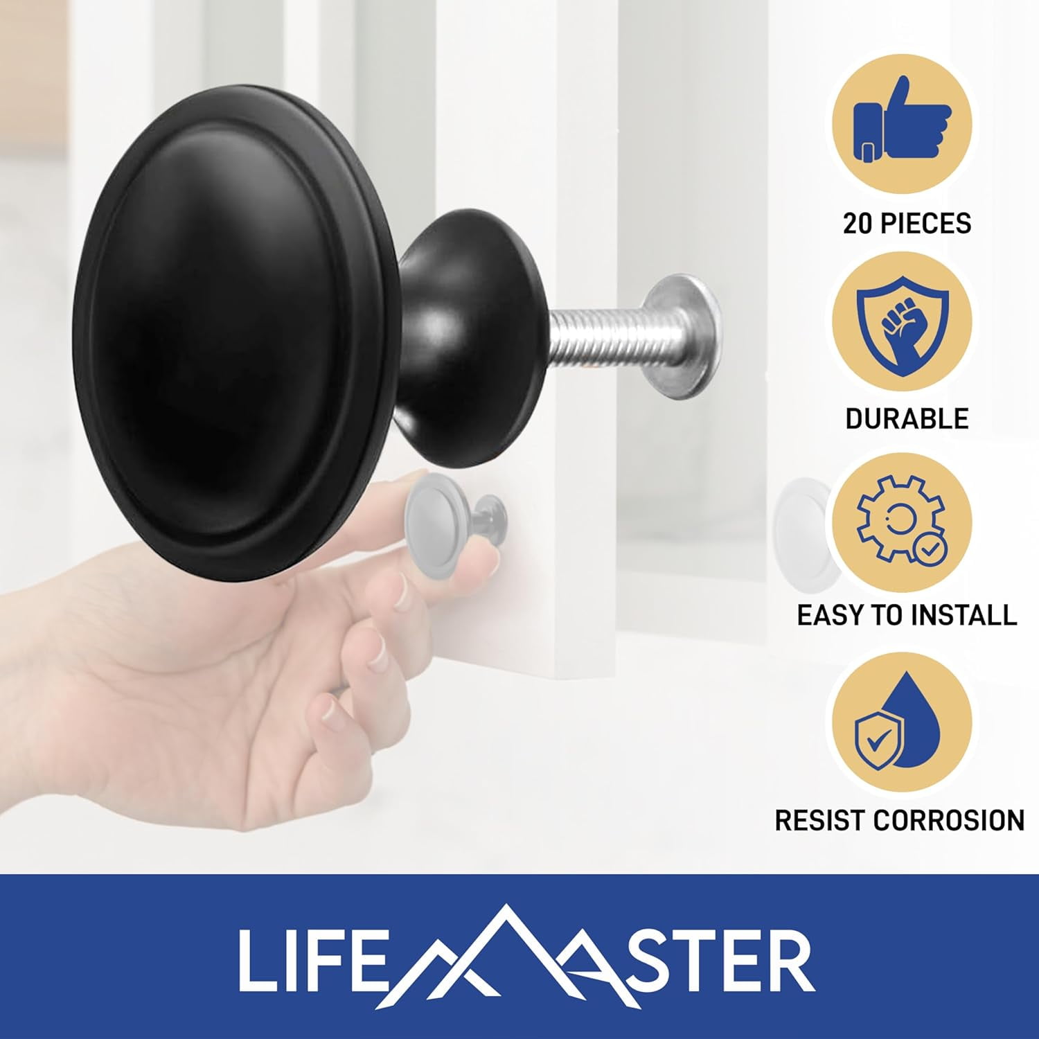 LifeMaster 50pcs 1-1/4" Matte Black Cabinet Knobs - Rust-Proof, Modern Design, Strong Zinc Alloy, Drawer Pulls with Short and Adjustable Screws - Stylish Handles for Kitchen, Dresser, and Cabinets