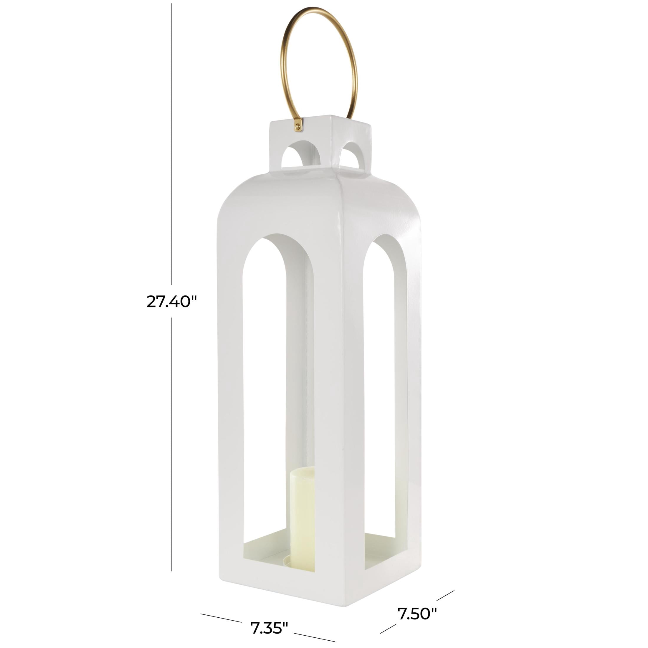DecMode White Metal Tall Arched Cutout Candle Lantern with Gold Handle