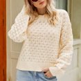 thumbnail image 2 of REORIAFEE Women's Pullover Sweaters Long Sleeve Crewneck Solid Color Sweater Classic Style Knit Pullover Relaxed Pullover Hollow Out Sweater Tops Beige S, 2 of 5