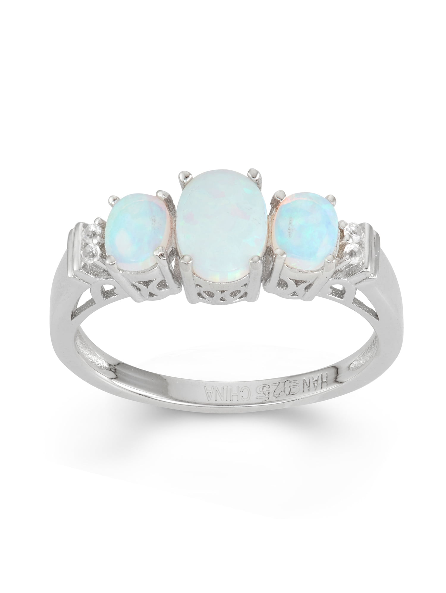 Created Opal and Created White Sapphire Sterling Silver 3-Stone Oval ...