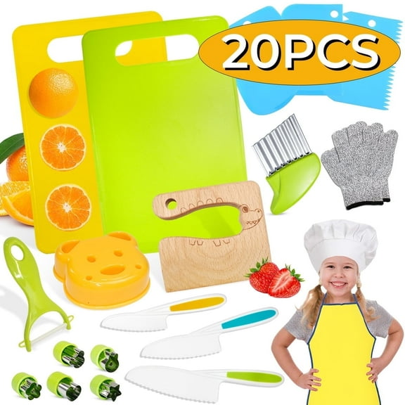 Kids Cooking Toy Knife Set Montessori Learning Toy Include Wood Knife Serrated Edges Sandwich Cutter Cutting Board Apron Kitchen Play set 20Pcs