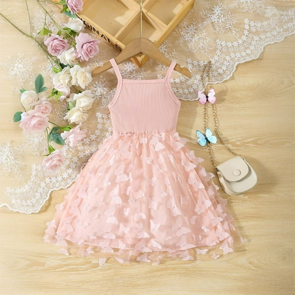 Wuxain Kids Girls Dresses Spaghetti Strap A Line Mesh Dress 4D Skirt With Full Up Butterflies For Toddler To Preteen Summer Skirt, Pink, 6-12 Months
