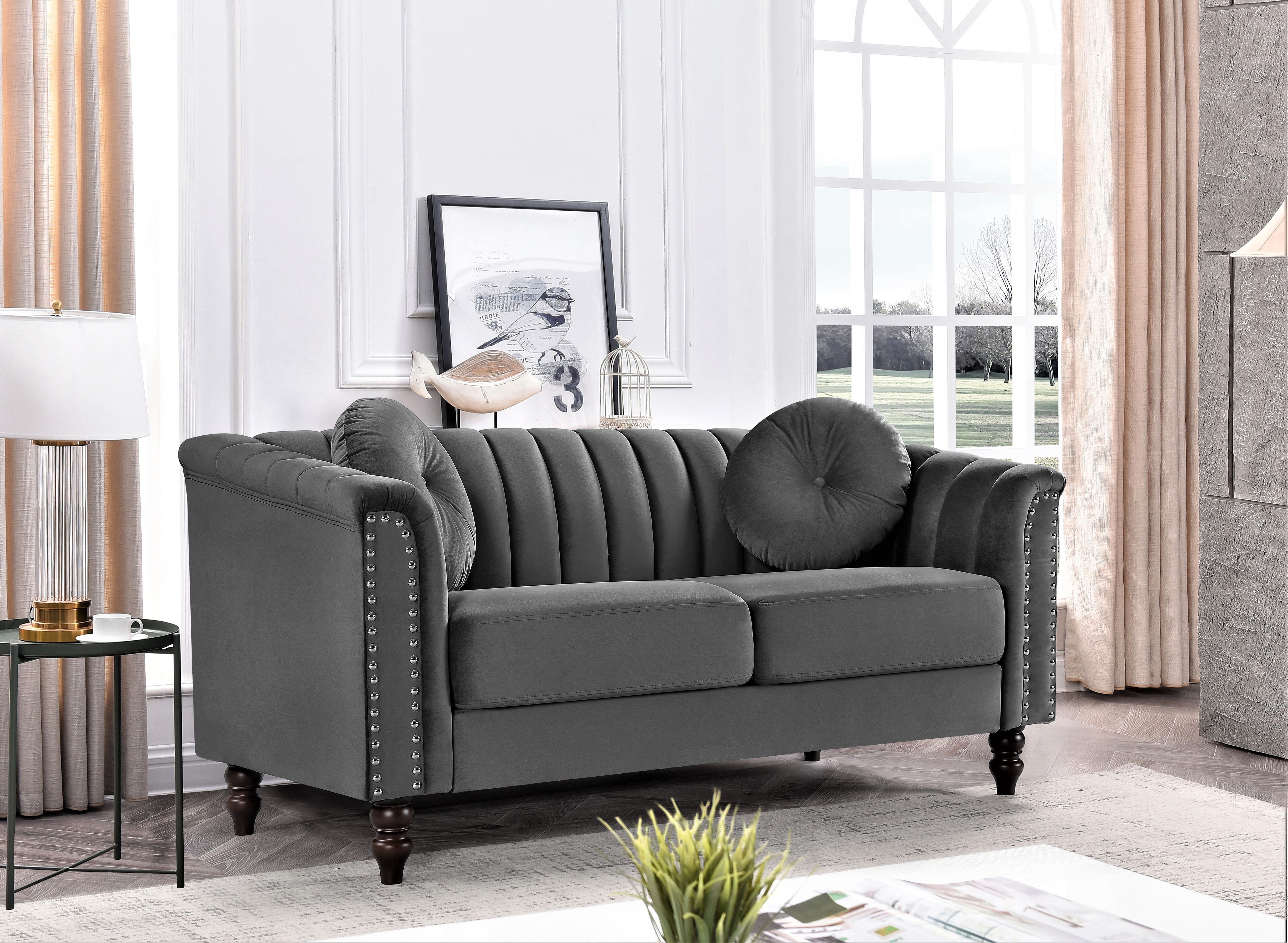 US PRIDE FURNITURE Hills Tufted Back Nailhead 61.4'' Loveseat-Grey