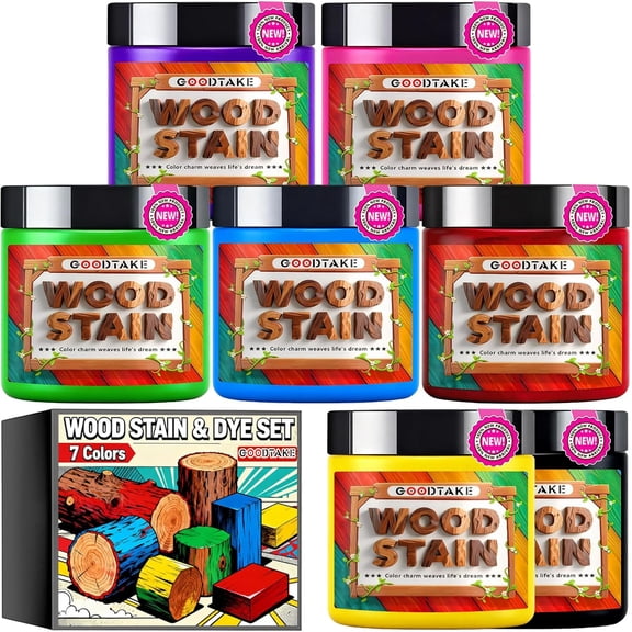 GOODTAKE 7 Colors Wood Stain Dye Powder Kit | Ultra Concentrated 2-5% Mix Ratio | 2oz Sealed Jars | 1 Set Lasts Over A Year for Woodworking, Furniture & Crafts | Just Add Water