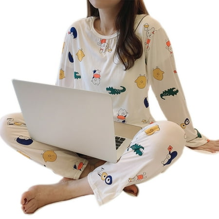 

Dasbsug Women 2 Piece Pjamas Set Cartoon for Crocodile Elephant Pineapple Print Sleepwear Long Sleeve Casual Loose Loungewear L-