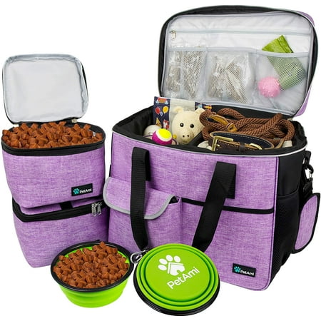 Dog Travel Bag Travel Pet Bag Organizer Dog Food Travel Bag with Food Container and Bowls Dog Travel Supplies Gift Accessories for Weekend Camping Dog Cat Diaper Bag (Purple Large)