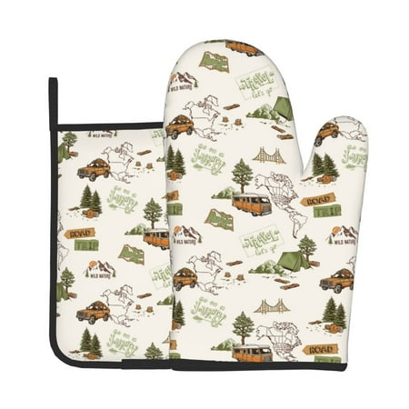 

Bingfone Road Trip Print Oven Mitts Pot Holders Set 2 PCS for Kitchen for Cooking Grilling Baking BBQ Pot Holders Cook Essentials