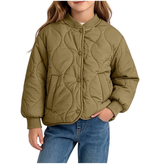 Hellosay Puffer Jacket Girls Nylon Quilted Long Sleeve Crewneck Coat Winter Snap Up Tops Casual Outwear with Pockets