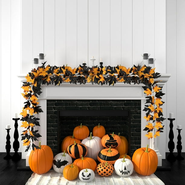pstuiky Guirnalda de hojas artificiales para decoración de Halloween guirnalda de hojas de arce colgantes de ratán para interiores hogar Halloween fiesta de Navidad decoración de repisa