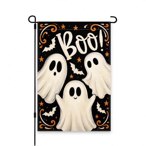 Halloween Garden Flag "Boo!" Design with Ghosts, Bats, Stars, and Orange Swirl Accents, 12 x 18 Inch Decorative Outdoor Yard Display for Lawn or Patio.