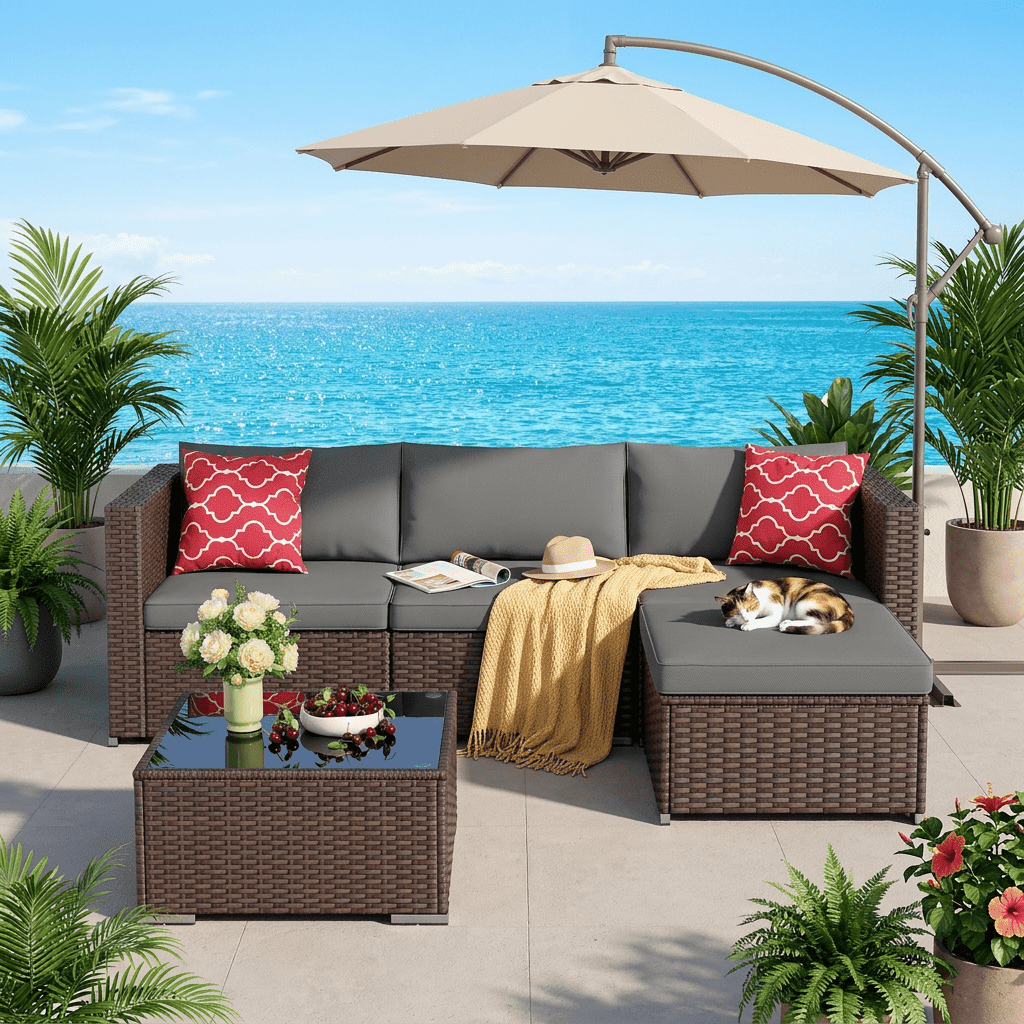 Patio Furniture Set on Sale, Asofer 5 PCS Outdoor Sectional Furniture Sofa Set with Cushion & Glass Table, Gray