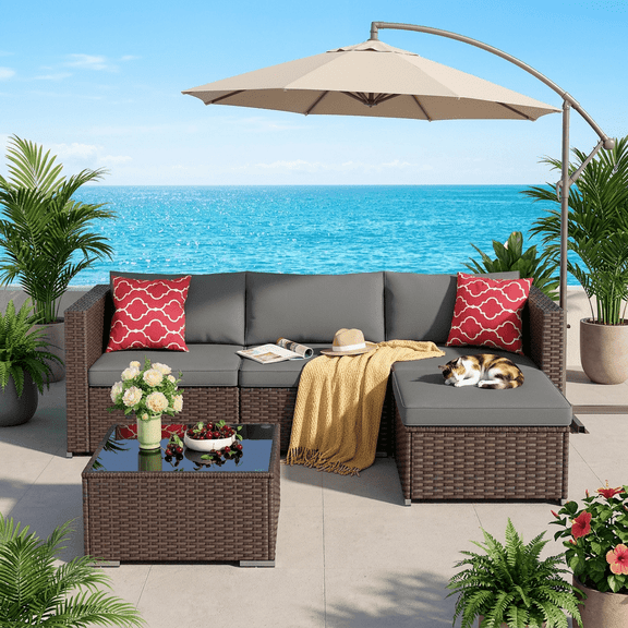 Patio Furniture Set on Sale, Asofer 5 PCS Outdoor Sectional Furniture Sofa Set with Cushion & Glass Table, Gray