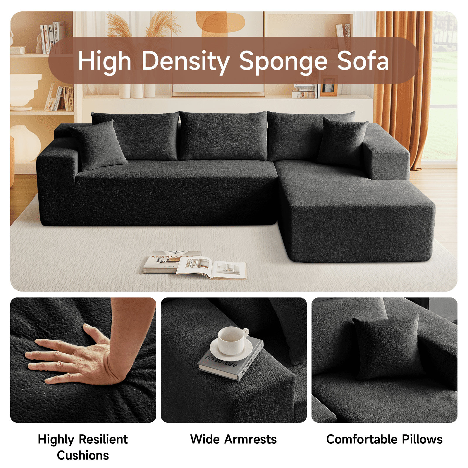 104" Sectional Sofa, L-Shaped Modern Modular High-Density Sponge Corner Sofa with Chaise Lounge & Pillows, Upholstered Cloud Couch for Living Room Bedroom Apartment