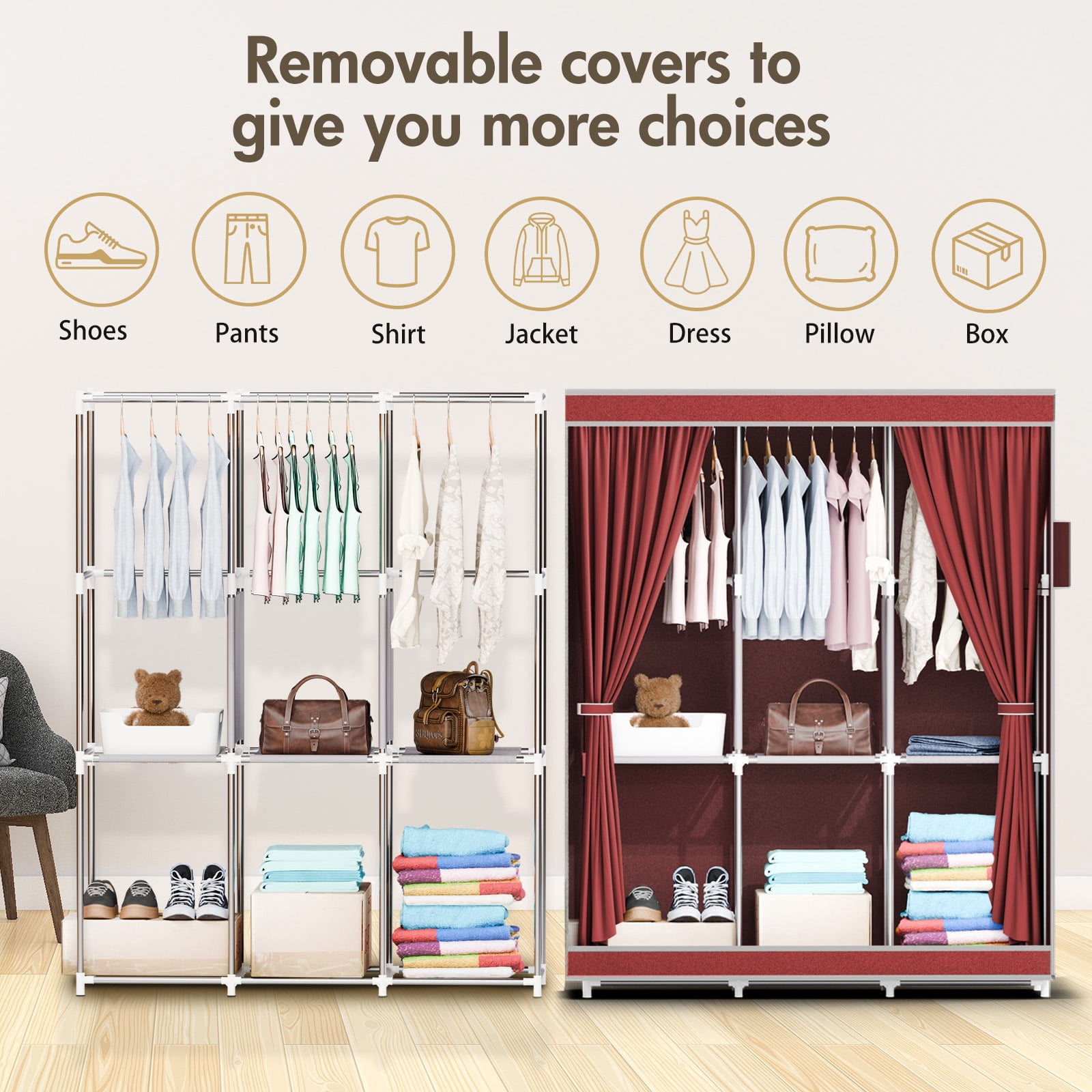 Portable Closet Storage for Home Bedroom, Non-woven Fabric Wardrobe Closet and Organizers and Storage, Dustproof Clothes Rack Shelf, Red