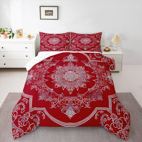 Manfei Female Men Red White Mandala 2pcs Bedding Comforter Set,Bohemian Theme Twin Comforter Sets,Exotic Style Breathable Bedding Set,Microfiber Bedroom Decor,Reversible
