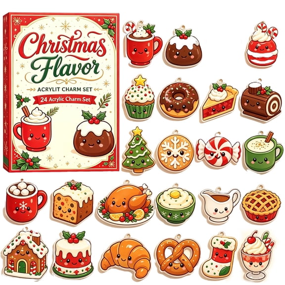 2026 Christmas Flavors Advent Calendar, 24 Day Sweet Treat Themed Countdown Set with Hanging Ornaments, Holiday Gift Decor for Indoor Home Party Supplies