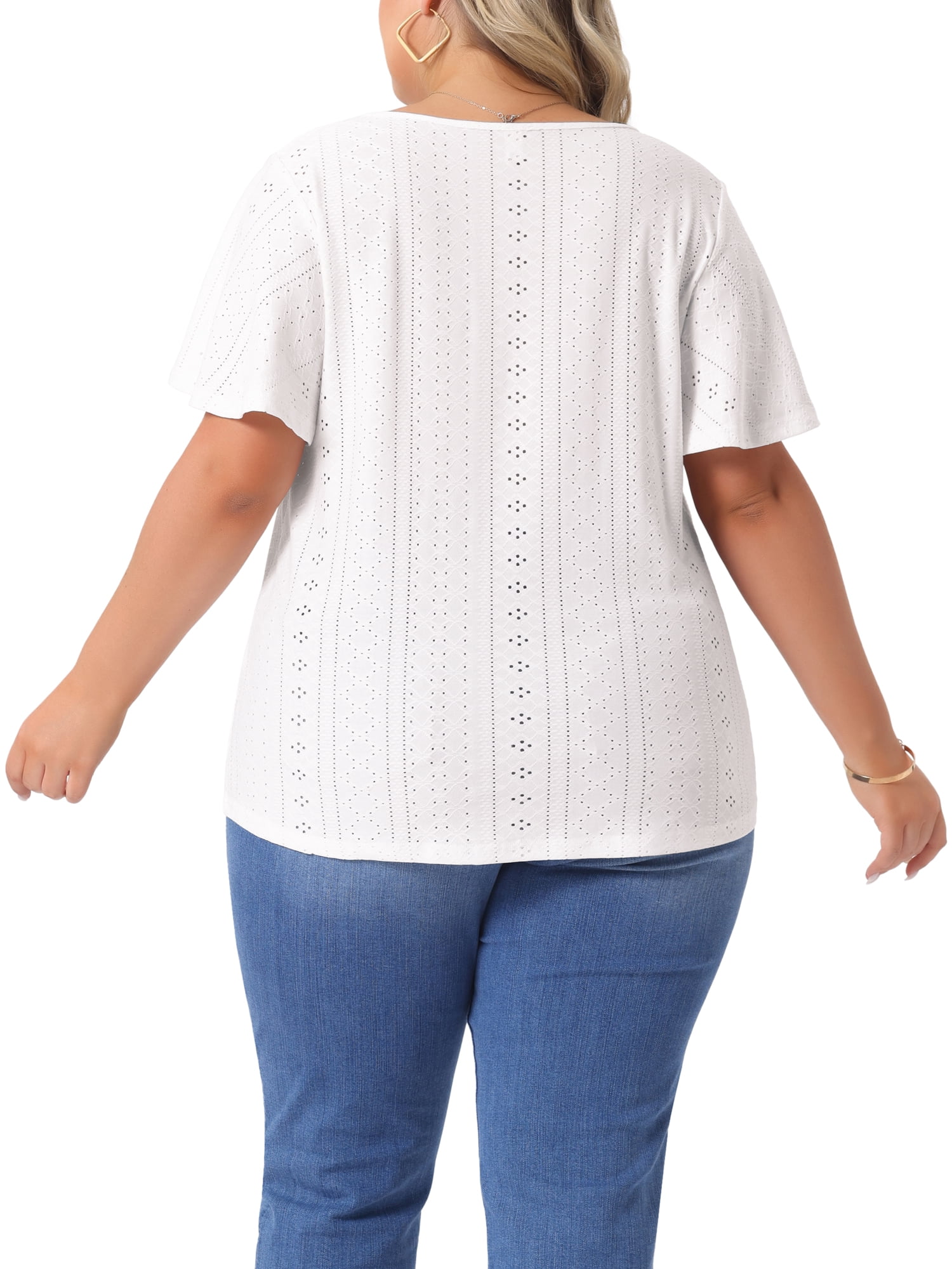 DARING DIVA Women's Plus Round Neck Hollow Flare Sleeve Casual Blouse 2X White