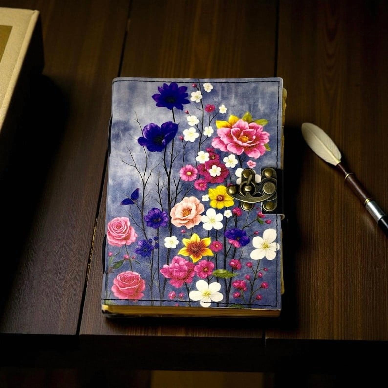 Handmade Leather Journal with Colorful Floral Artwork – 5x7 Inch Vintage Notebook, 200 Pages of Handmade Paper, Antique Latch – Writing, Sketching & Gift Diary