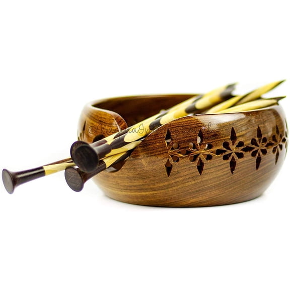 "Nagina International Premium Rosewood Storage Bowl for Yarn Balls & Skeins   with Decorative Carved Drills & Drops & Candy Knitting Needles | Knitting &   Crochet Notions (Small)"