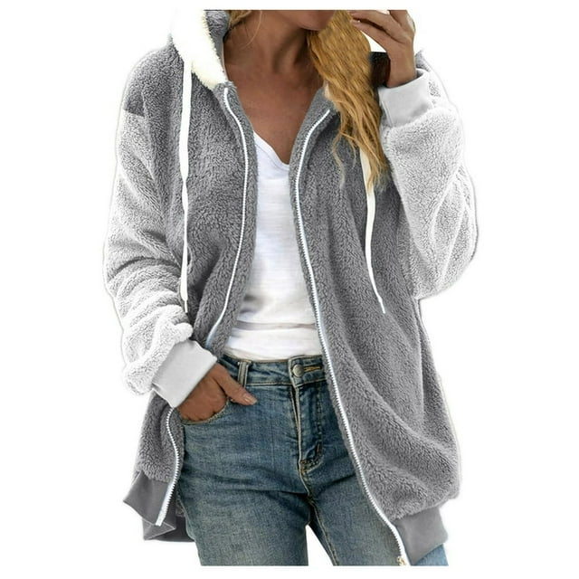 TQWQT Fleece Coats for Women Faux Fur Jacket Coat Fuzzy Fleece Jacket Plus Size Zip Up Drawstring Sweatshirt Oversized Light Blue S