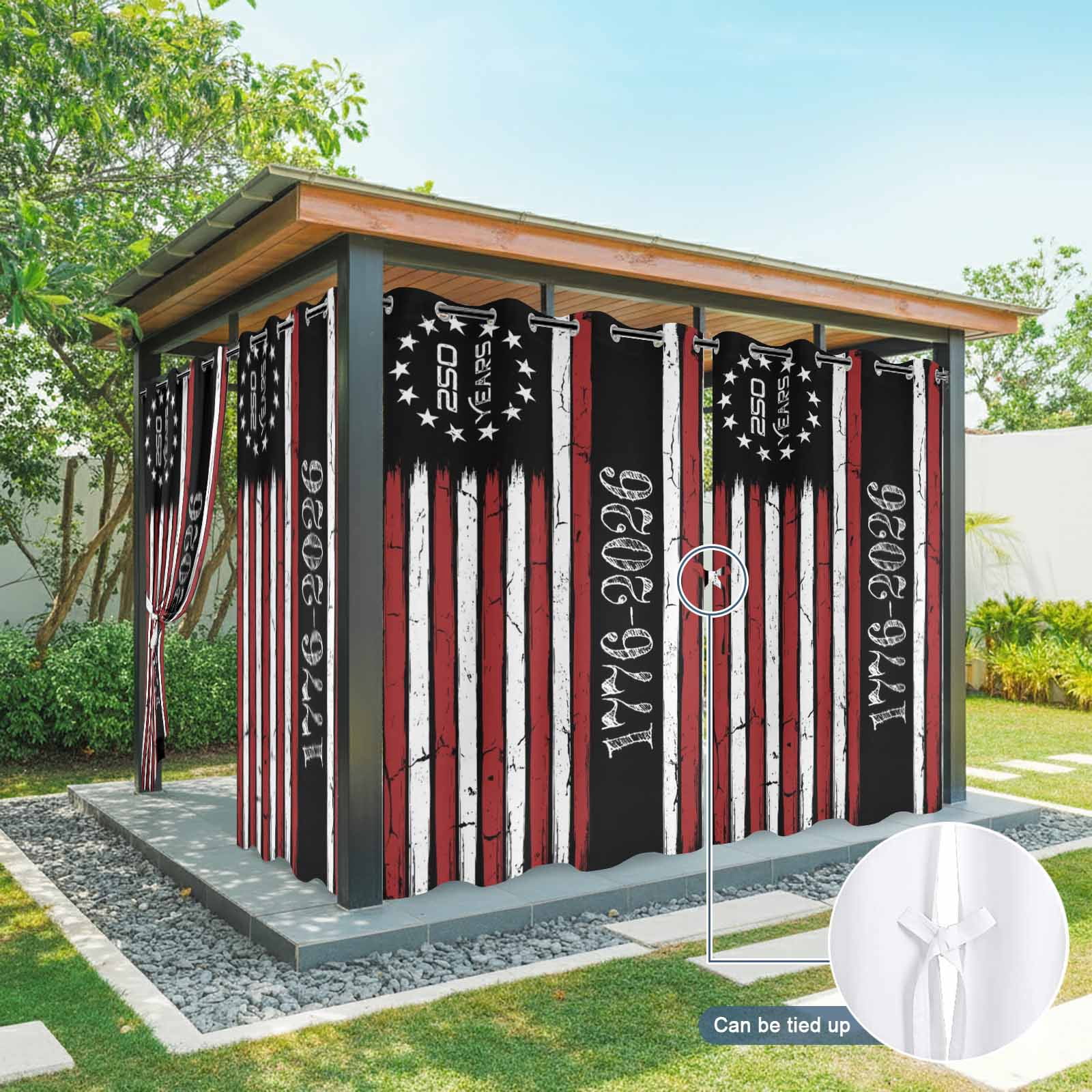 4th of July Outdoor Curtains for Patio, Years Independence Day Red Black USA Flag Stripe Sunshade Privacy Drapes Grommet Waterproof Outside Curtains for Porch/Cabana/Balcony 54"x 108", 1 Panel