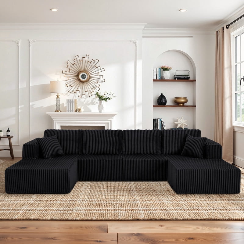 161" Oversized U Shaped Modular Sectional Sofa, Compressed Sofa in a Box, Modern Corduroy Deep Seat Couch, No Assembly Large Sectional Sofa for Living Room, Apartment, Bedroom, Black