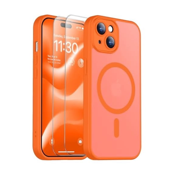 Eryueer for iPhone 15 Plus Case, Magnetic Translucent Matte Case with 2PCS Tempered Glass Screen Protector Slim Phone Case for iPhone 15 Plus 6.7'', Orange
