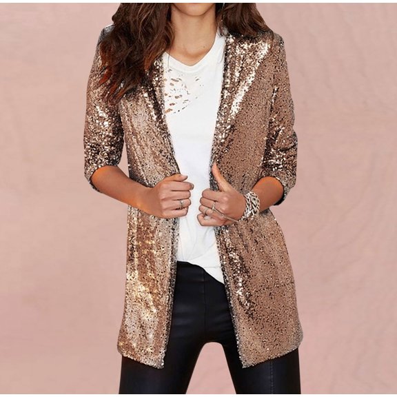 3/4 Sleeve Sequin Blazers for Women Business Casual Sparkly Jacket Glitter Notched Collar Open Front Work Outfits