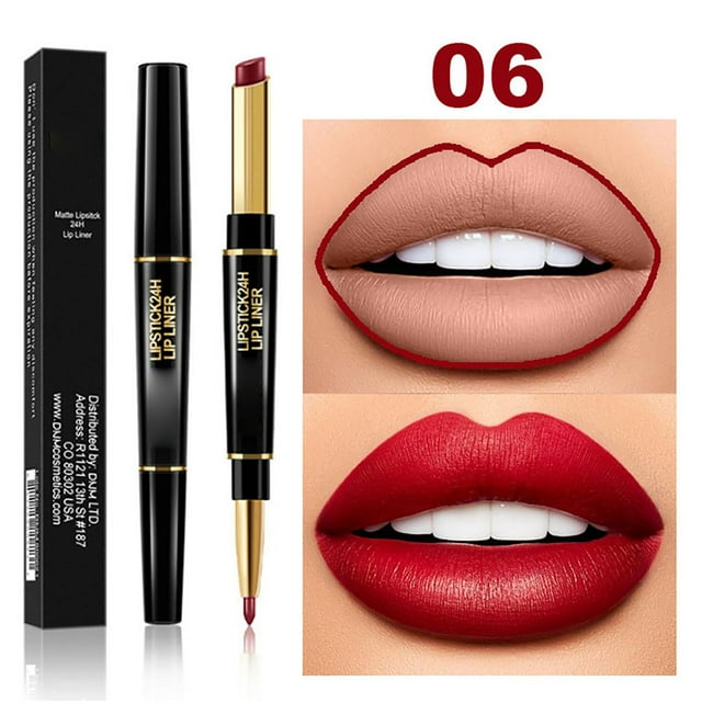 Herunwer Ensemble de Rouge à Lèvres et Crayon à Lèvres Mat Métallique Or Rose pour Femmes, Design Double Embout Rouge à Lèvres et Crayon à Lèvres en un, Ensemble de Crayon à Lèvres et Crayon à Lèvres Résistant à L\'eau Longue Durée
