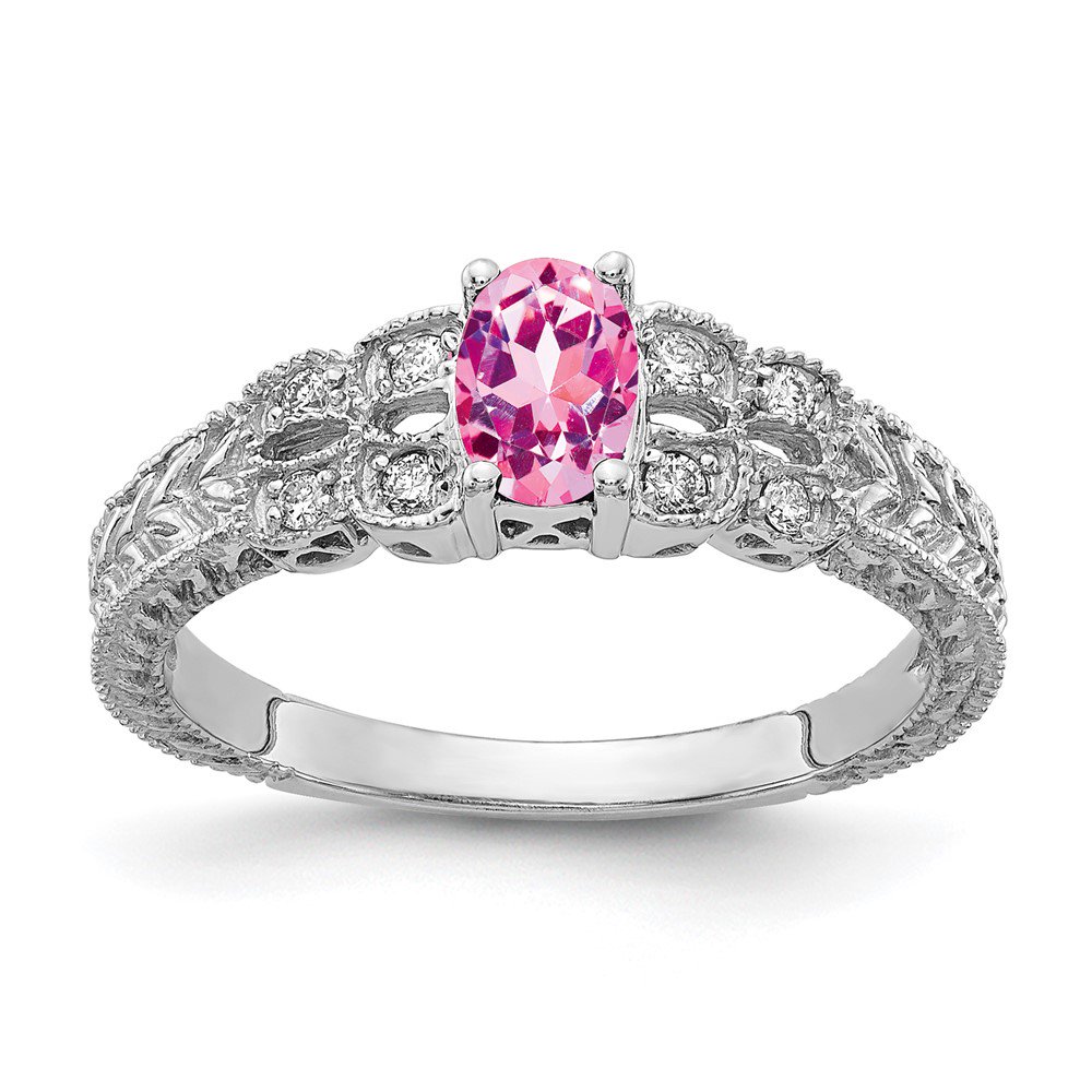 14k White Gold Ring Gemstone Womens Sapphire 0.088 ct 0.6 6x4mm Oval Pink AA Diamond