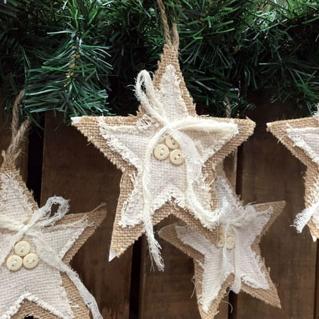 - Burlap and Natural White Cotton Rustic Star Christmas Ornaments - Set of 5