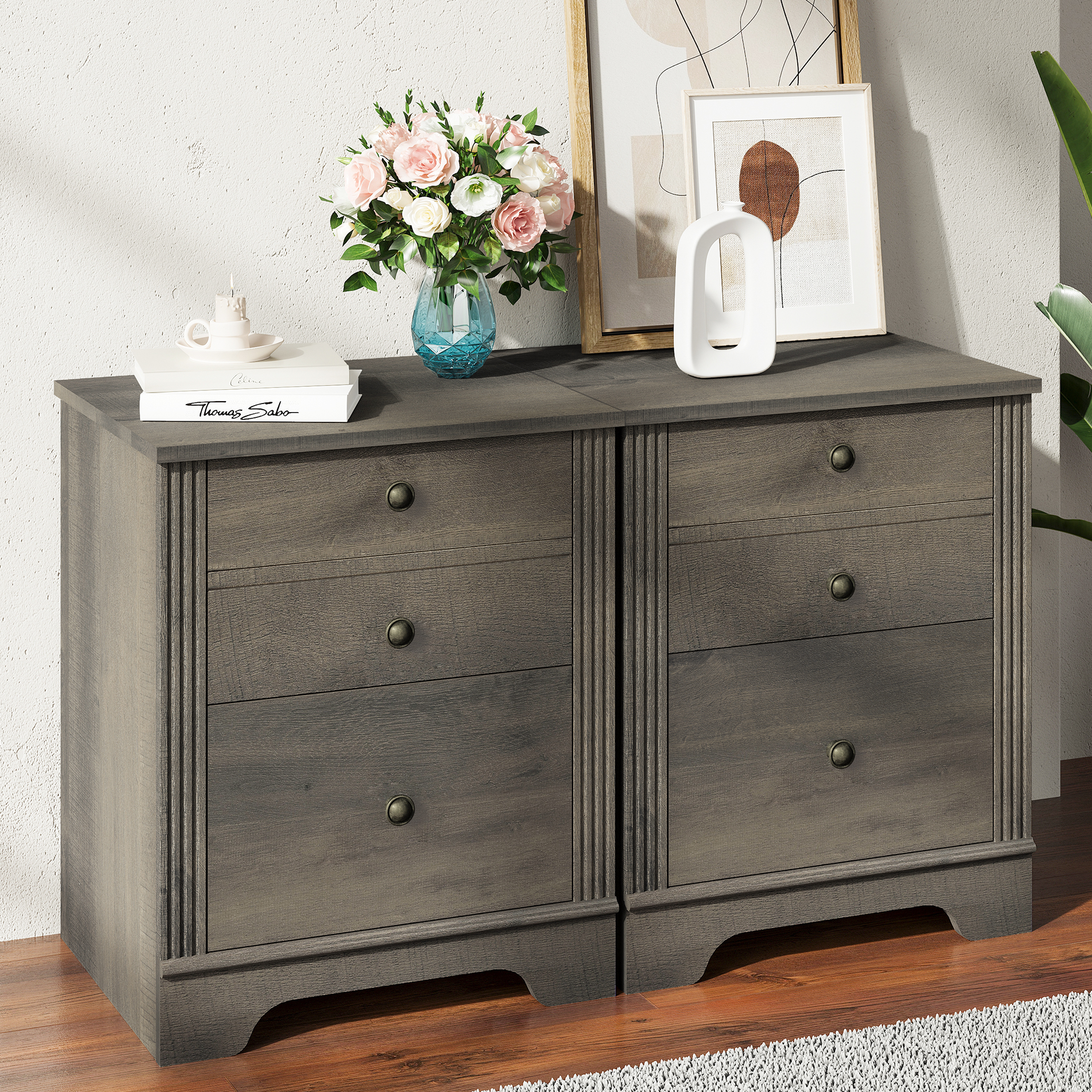Set of 2 End Tables with 2 Drawers, Grayish Brown Wood Sofa Side Tables with Storage for Living Room