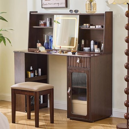 Piano Shaped Makeup Vanity Desk with Mirror and Lights, Retro Elegant Wood Vanity Table with Shelves & Drawer & Cabinet, Beauty Station for Bedroom Dressing Room (Walnut Color)