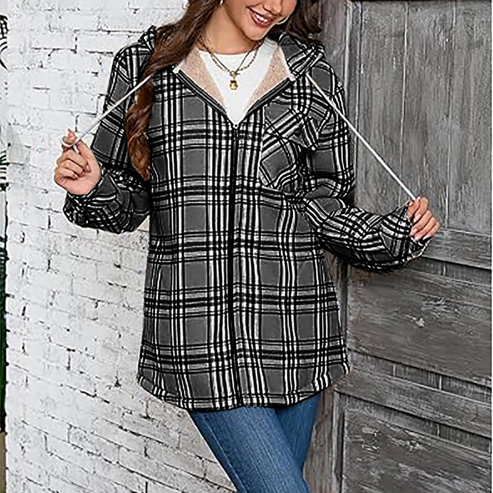 Womens Sherpa Fleece Lined Flannel Jacket Button Down Plaid Lightweight Flannel Shirt Jacket Women