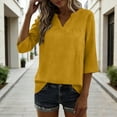 thumbnail image 2 of Htigea Women's 3/4 Sleeve Cotton Linen T Shirts Solid Color V-Neck Front Pleated Tees Summer Casual Daily Tops Yellow S, 2 of 6