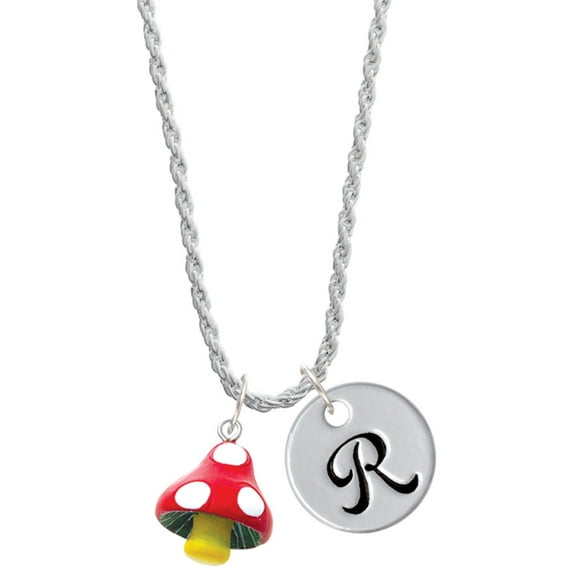 Delight Jewelry Resin Red Spotted Mushroom Silvertone Script Initial Disc - R - Charm Necklace, 20"+3"