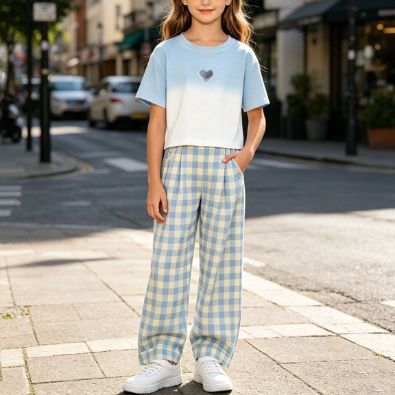 Amidoa Girls Summer Outfit Sets 2 Piece T-Shirt Short Sleeve and Casual Pants Set Kids Clothing Sets Blue Size 14