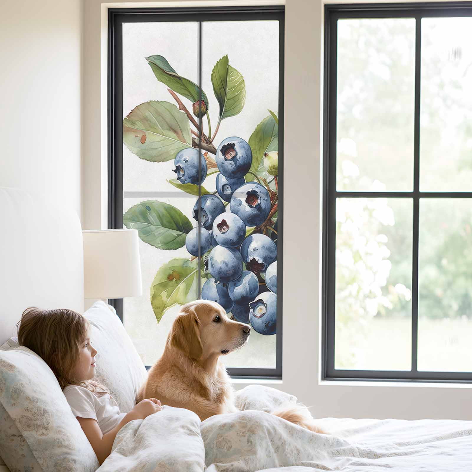 Blueberries Window Privacy Film, Farmhouse Blue Fruits Green Botanical Static Cling UV Sun Blocking Heat Control Window Tint Day and Night, Non-Adhesive One Way Windows Privacy Cover 23.6''x59''